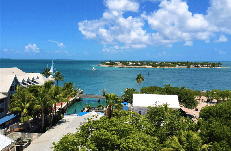 View of pier surrounded by buildings and vegetation, with beach, an island and clear sky in the background