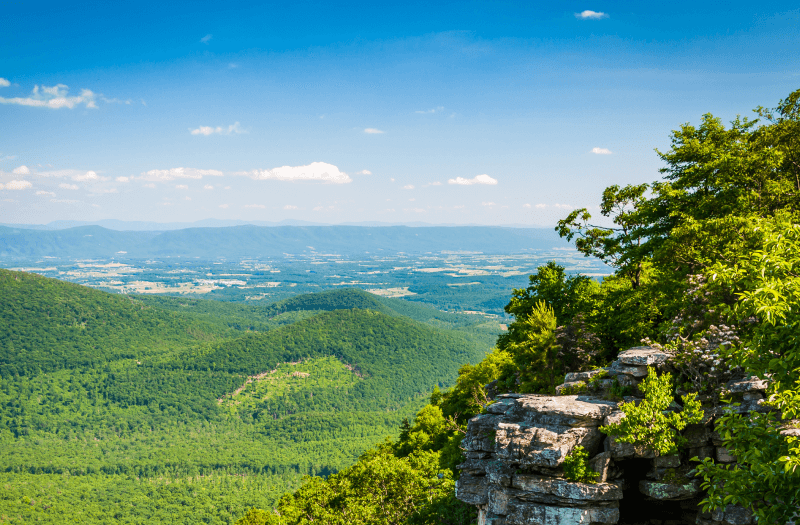 View of a cliff, with mountains with vegetation and clear sky in the background