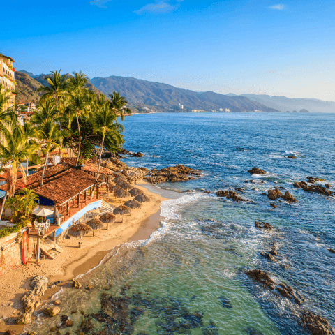 View of beach shore with palm-roof hut, surrounded by palm trees, with mountain and clear sky in the background