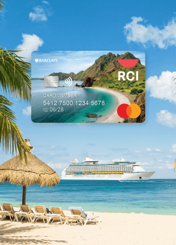 Beach with sea and cruise in the background with floating RCI® Elite Rewards® World Mastercard® image