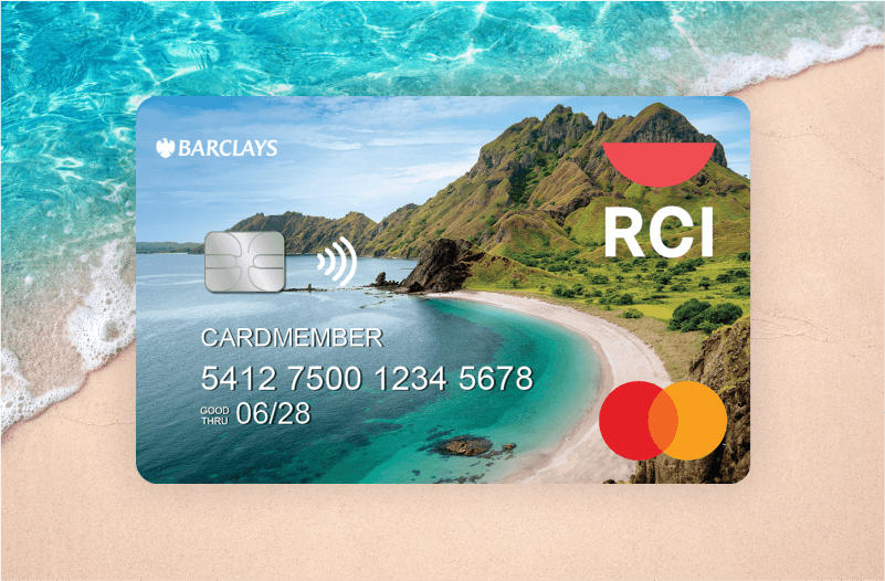 RCI® Elite Rewards® World Mastercard® card image with beach in the background